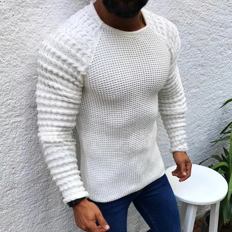 Мужские топы, чистый цвет, повседневный обтягивающий свитер, круглый вырез, длинный рукав, тонкий осенний Повседневный пуловер, мужские топы