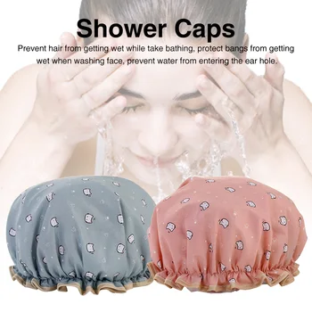 

4pcs Women Shower Cap Home Bath Accessories Cute Cat Printed PEVA Cartoon Waterproof Bonnet Elastic Salon Double Layer Reusable
