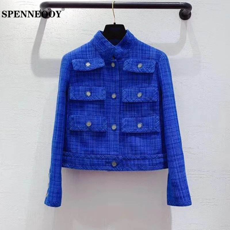 

SPENNEOOY Designer Custom Runway Female Fashion Spring Weave Blue Coat Women's Silk Lined Commute High End Overcoat Outwear