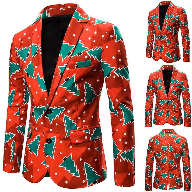 

2019 Autumn Winter New Christmas Party Wear Blazer Coat Men Fashion Printed Slim Fit Christmas Suits Overcoat Jacket For Male