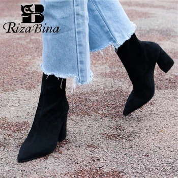 

RIZABINA Women Hlaf Short Boots Genuine Leather Thick Heel Women Winter Shoes Fashion Sexy Elastic Boots Women Size 33-40