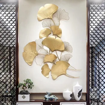 

Modern Luxury Wrought Iron Wall Hanging Ginkgo Leaf Crafts Decoration Home Background Wall Sticker Porch Metal Mural Accessories