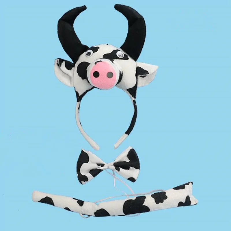 Animal Cattle Milk Headband Bow Tail Halloween Party Performance Cosplay Prop 3Pcs for Child Adult Halloween Party Favor