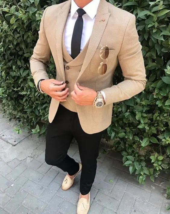 Custom Made 3 Pieces Khaki Brown Men Suits Slim Fit Smart Business Casual Male Blazer Jacket Black