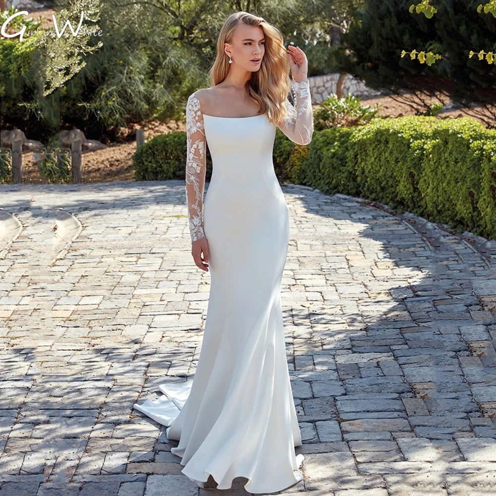 Modern Simple Satin White Wedding Dress Lace Long Sleeve Bridal Gown Button Backless Appliques Bride Robes Vestido De Novia winter wedding dresses