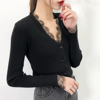 

2020 new spring coat collar female V sweater slim lace cardigan sweater back in early spring