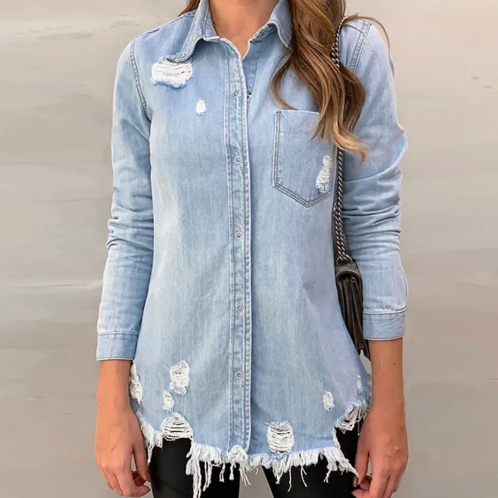 

2019 New Trendy Women Button Down Denim Coats Retro Autumn Long Sleeve Turn Down Collar Jean Jacket Slim Feminime Jaqueta Ripped