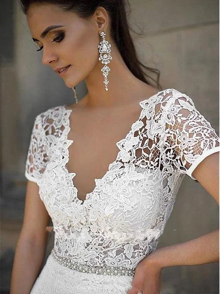 Vestido De Noiva Sereia сексуальное кружевное свадебное платье с v-образным вырезом и коротким рукавом, свадебное платье с поясом из бисера