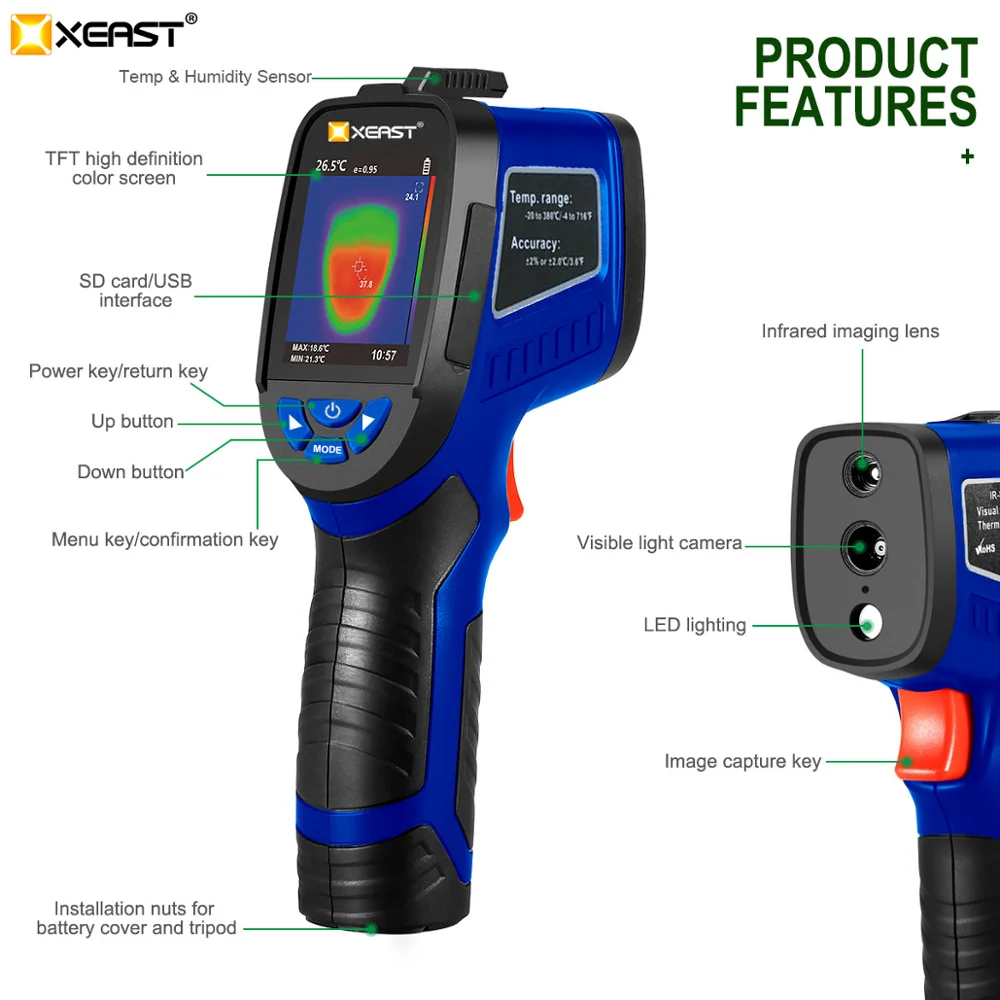 XEAST XE-27 портативный тепловизор камера Инфракрасный термометр 2,4 дюймов ЖК-экран с измерением температуры и влажности