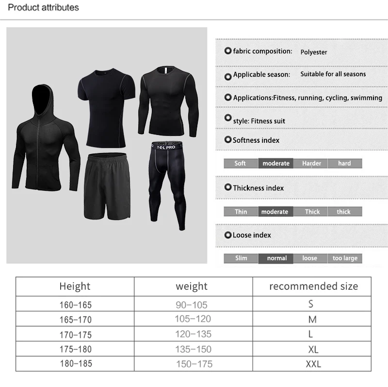 5 шт., спортивный костюм, фитнес-колготки, полиэстер, дышащий, набор для бега, одежда для пробежек, спортивное пальто, баскетбольный, для спортзала, набор для мужчин