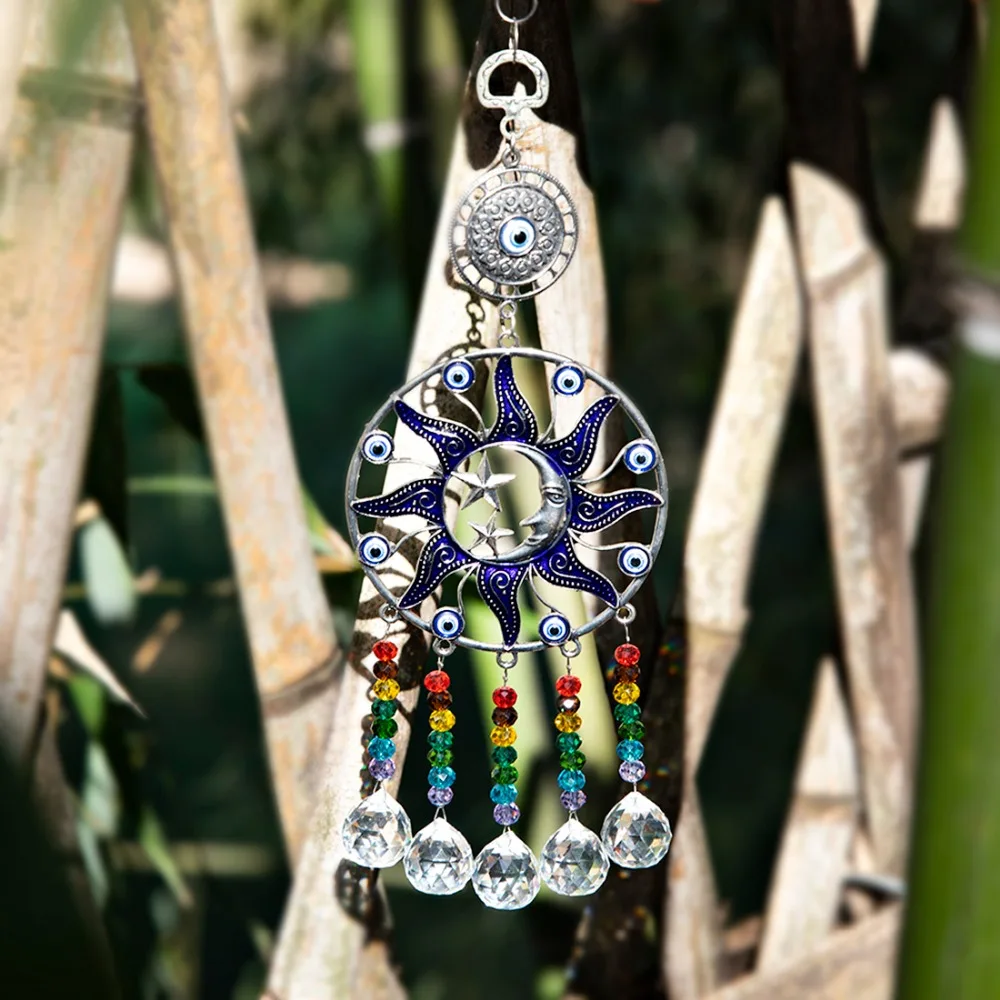 H& D чакра Хрустальная сосулька Призма Suncatcher турецкий синий сглаза Радуга настенный подвесной кулон для домашнего декора(Луна и звезда