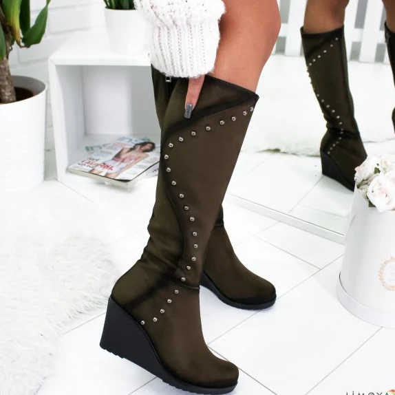 CYSINCOS Zippers Boots Women Knee-High Boots Rivet Platform High Heel Boots Sexy Shoes Woman Botas Mujer Bota Feminina