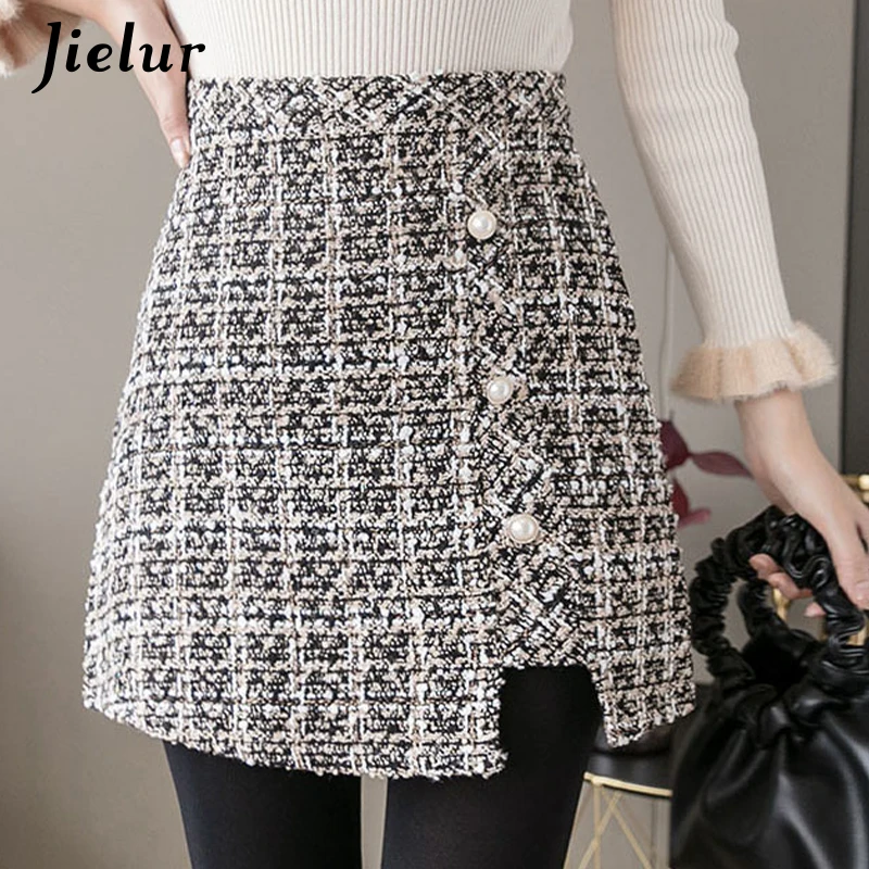 

Jielur A-line Women Skirt Slim High Waist Black Mini Skirts Womens Zipper Chic Saia Faldas Korean S-XL Autumn Winter Plaid Skirt