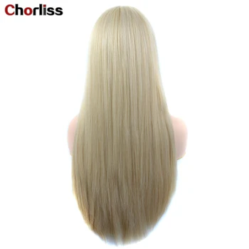 

26 Inches Long Blonde Silky Straight Synthetic Wig With Bangs Chorliss Middle Part High Temperature Fiber Hair Fashion Daily Wig