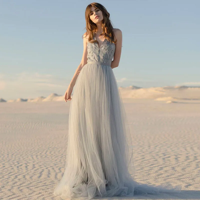 Eightree, Пляжное свадебное платье, robe de soiree, v-образный вырез, без рукавов, платье невесты, богемные свадебные платья, кружева, тюль, Аппликации, свадебное платье