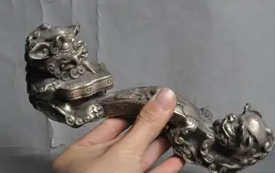 " Старый китайский Серебряный foo Собака Лев pixiu статуя фэншуй благоприятный Ruyi Wishful