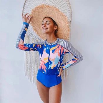 

2020 Sexy Long Sleeve Bikinis Women Swimsuit Blue Leaves Print Bathing Suits Beachwear Brazilian Bikini Set Biquini Female