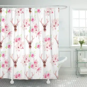 

Pink Animal Delicate Magnolia and Rose Flowers and Deer Baroque Bouquets Bunch Decor Shower Curtain Sets with Hooks Polyester