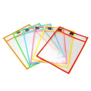 

6Pcs/Set Kids Transparent Write And Wipe Pockets 6 Colors Reusable Dry Erase Pockets Sleeves with Pen Holder Storage Supplies