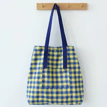 Модная многоразовая Холщовая Сумка для покупок, Женская хлопковая Льняная сумка на одно плечо, клетчатая женская льняная сумка для продуктов