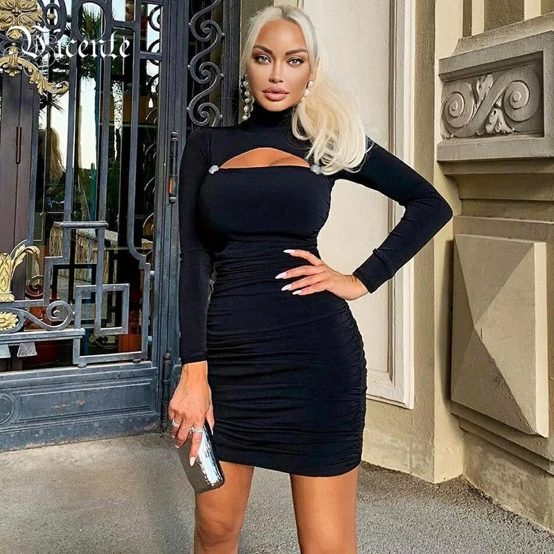 VC,, уникальные пуговицы, Vestidos, женское сексуальное платье с длинным рукавом, вечерние платья знаменитостей, Бандажное черное платье