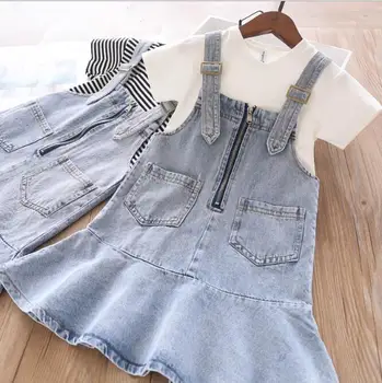 

Girls Sets 2020 Summer Baby Girls 2Pcs Outfits Cotton T shirt With Zipper Denim Strapless Dress Children Clothes Wholesale