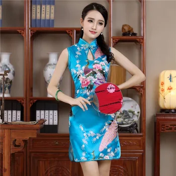 

Blue Print Peacock Women Mini Cheongsam Dress Satin Sexy Novelty Chinese Traditional Qipao Dresses Mandarin Collar Vestidos