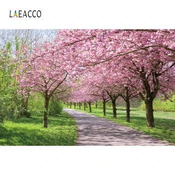 

Laeacco Spring Landscape Scenic Photophone Pink Blooming Trees Grassland Pathway Photography Backdrops Photo Backgrounds Props