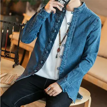 

2019 Jean Jackets Men Demin Jacket Retro Mens Solid Male Streetwear Chinese Style Fahions Button Windbreaker