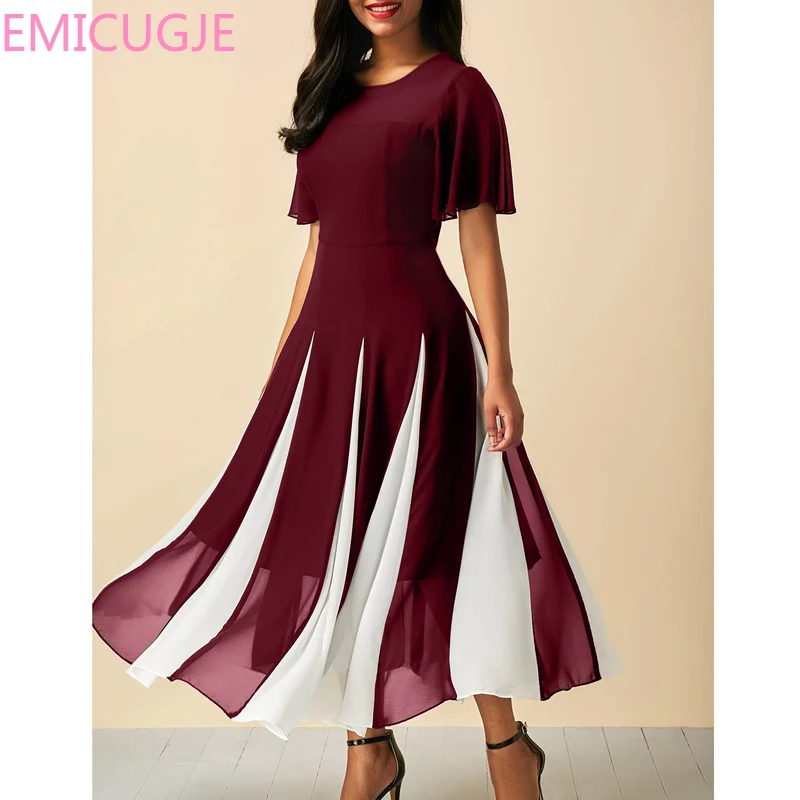 

Colorblock Pleated Chiffon Summer Party New Round Neck Short-Waist Waist Women Dress Vestidos Verano 2018 Hem