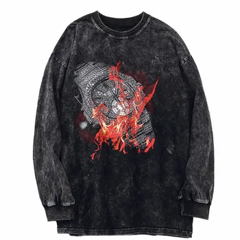 

Burning Watch Flame Printed Long Sleeve T-shirt 2020 Mens Hip Hop Harajuku Oversized Streetwear Fashion Vintage Washed Tshirt