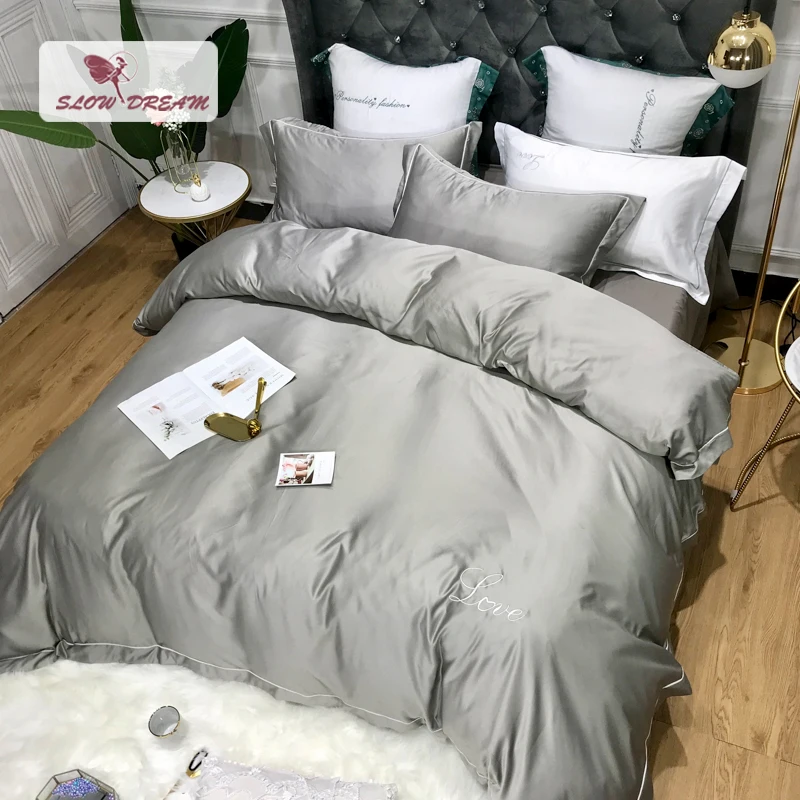 

SlowDream Luxury Gray Solid Color Silk Bedding Set Love Duvet Cover Set Bed Flat Sheet Pillowcase Quilt Cover Bed Linen Set 4PCS