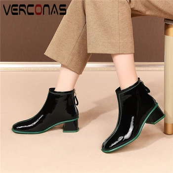 

VERCONAS Fashion Concise Ankle Boots For Women Genuine Leather Shoes Woman Autumn Winter Thick Heels Back Zipper Female Boots