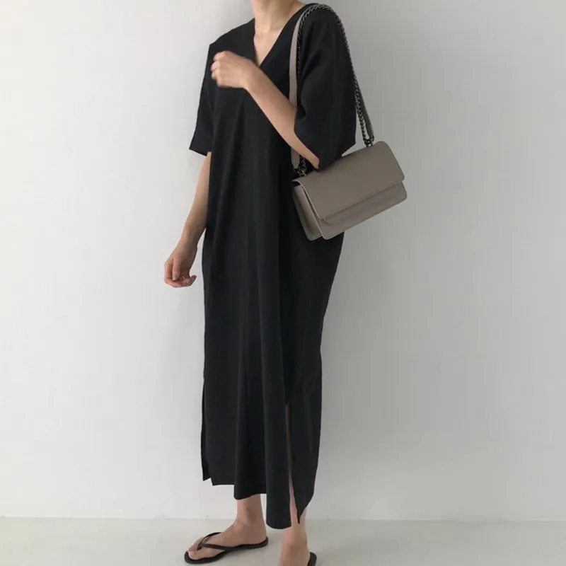 Mooie Zomer Korte Mouw V-hals Split Jurk Losse Flare Mouw Casual Dress Koreaanse Solid Midi Jurk Mooie Zomer Korte Mouw V-hals Split Jurk Losse Flare Mouw Casual Dress Koreaanse Solid Midi Jurk