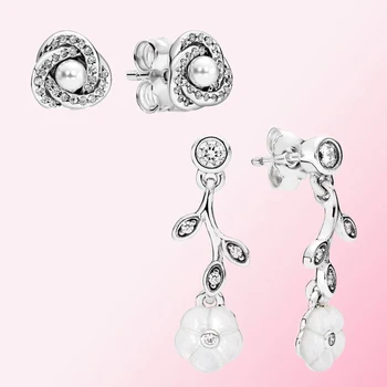 

100% 925 Sterling Silver Cubic Zirconia Luminous Knot Stud Luminous Florals Mother of Pearl Drop Earrings DIY Women's Jewelry