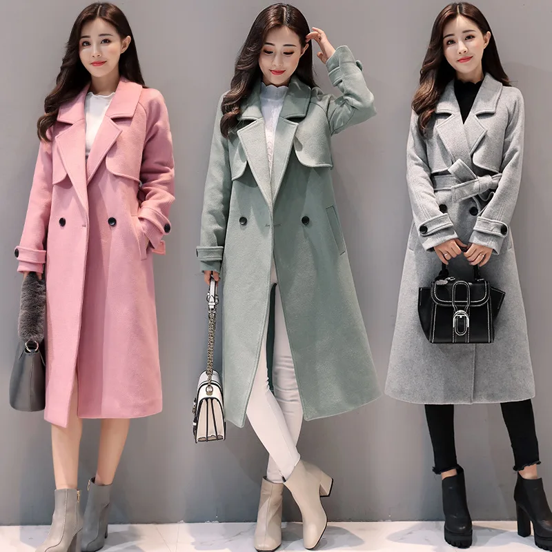 

2017 Winter New Style Korean-style Fold-down Collar Lace-up Slim Fit Wool Coat Women's Long over-the-Knee Overcoat