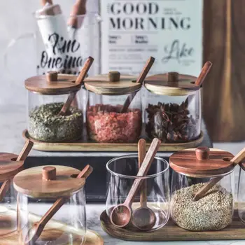 

Acacia Wood Glass Seasoning Jar Three-piece Set Kitchen Supplies Seasoning Container With Tray Spoon Kitchen Necessaries
