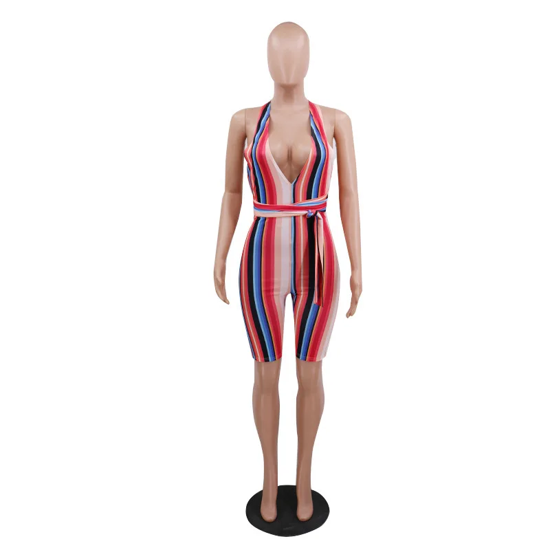 High Elastic Summer Club Party Bodysuits For Women Striped Spliced Backless Slim Outfit Casual Deep V Neck Sleeveless Jumpsuits