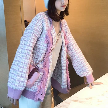 

Pink Knitted Cardigan Coat Women's New Checked Fringe Loose Outside Sweater In Autumn and Winter 2019 Plus Size Women Cardigans