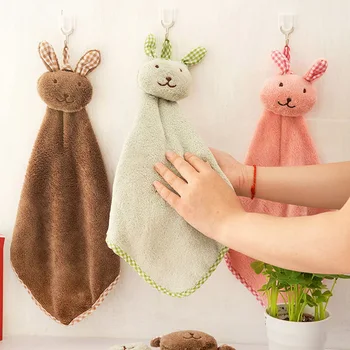 

Cute Velvet Hand Towels Absorbent Lint-Free Cloth Kitchen Towel Easy Clean Rabbit Kitchen Bathroom Hanging Towel Coral home1PC