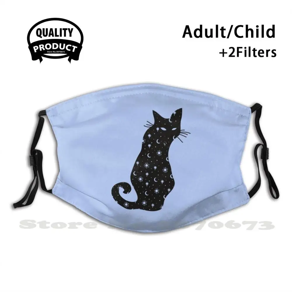 

Black Cat Silhouette With Moon, Sun And Stars Funny Cool Cloth Mask Cat Mystic Moon Occult Symbol Esoteric Magic Spiritual