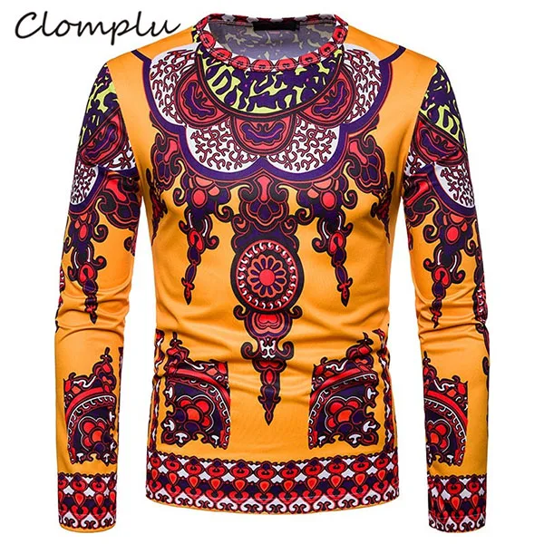 Цвет: желтый Clomplu Dashiki модные футболки с 3D принтом африканская одежда мужская футболка Дашики футболка с круглым вырезом и длинными рукавами африканская мужская одежда - Цвет: Цвет: желтый