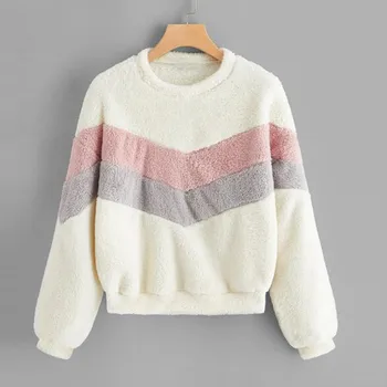 

Women Fluffy Sweatshirt pullovers Autumn Winter warm Patchwork Sports Outwear O-Neck Long Sleeve Casual Tops sudadera mujer NEW