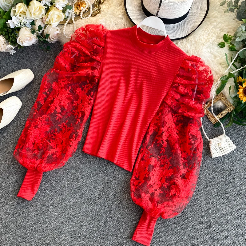 Neploe женские короткие тонкие Блузы прозрачные кружевные сетчатые блузки с вышивкой сексуальные топы с пышными рукавами Корейские осенние Рубашки 56478 - Цвет: red
