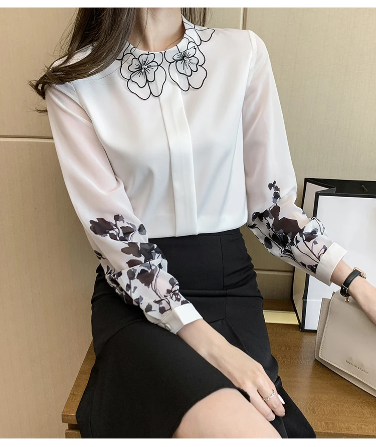 poet shirt 2021 Spring chiffon Blouse lantern sleeve Tops Blusas Mujer Fashion floral printing shirts Women's Blouses ladies shirts