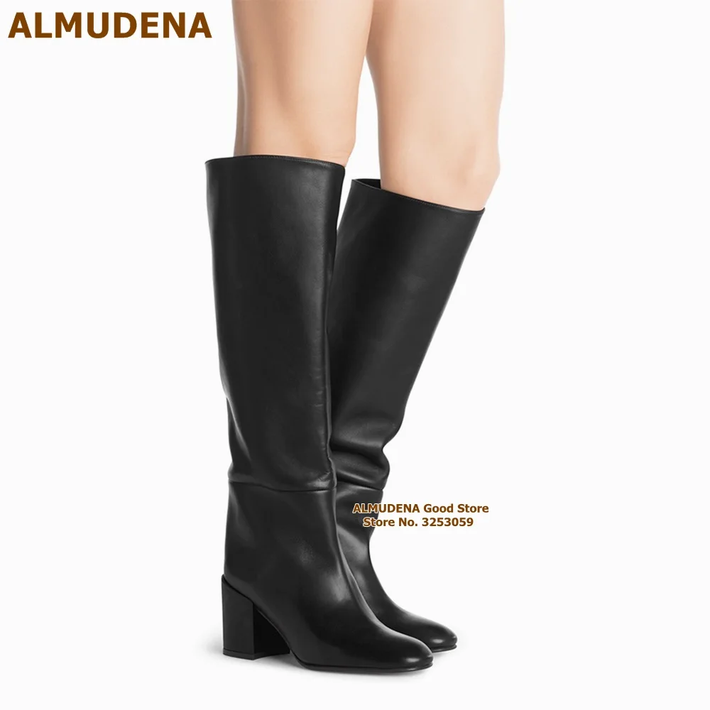 

ALMUDENA Black Chunky Heels Knee High Boots Concise Stylish Slouch Long Boots Slip-on Outdoor Dress Shoes Square Heels Size46