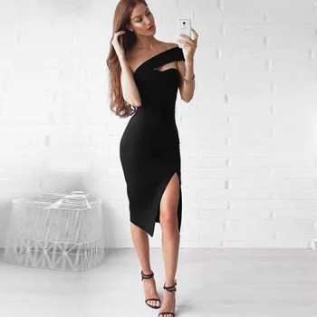 

Fashion Club One Shoulder Sheath Slit Knee Length Street Wear Little Black Party Cocktail Dress 2020