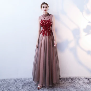 

Burgundy Sexy Bride Bridal Wedding Dress Women Lace Qipao Elegant Half Sleeve Evening Party Dress Exquisite Ball Gown Mesh Dress