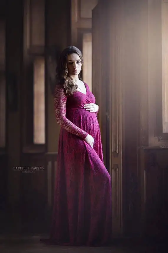 AliExpress Amazon Pregnant Women Filming Photo Dress V-neck Lace Pregnant Mother Photo Shoot Long Skirts Large Size 7201