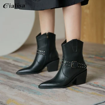 

CIALISA Women Shoes Fashion 2020 New Winter Pointed Toe High Heel Metal Decoration Western Boot PU Leathe Wedge Heelsr Boot
